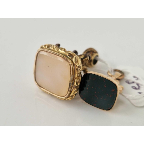 352 - A yellow metal seal set with chalcedony and 9ct seal set with agate