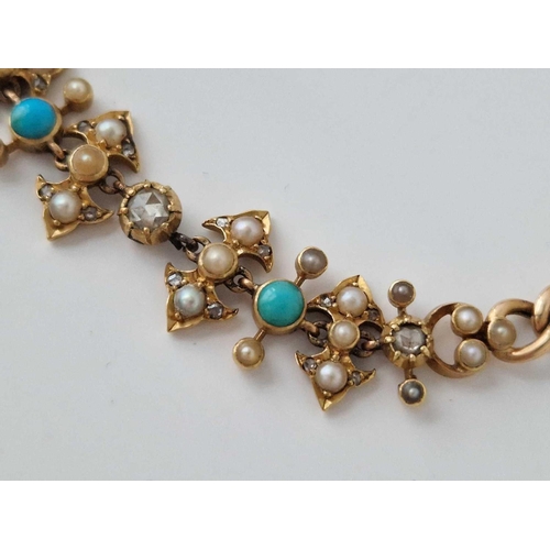 386 - A DIAMOND PEARL AND TURQUOISE BRACELET 15CT GOLD 7 INCH 12.9 GMS