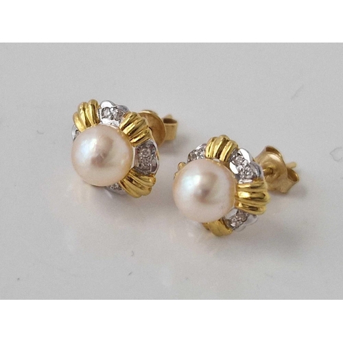 387 - A PAIR OF PEARL AND DIAMOND EARRINGS 18CT GOLD