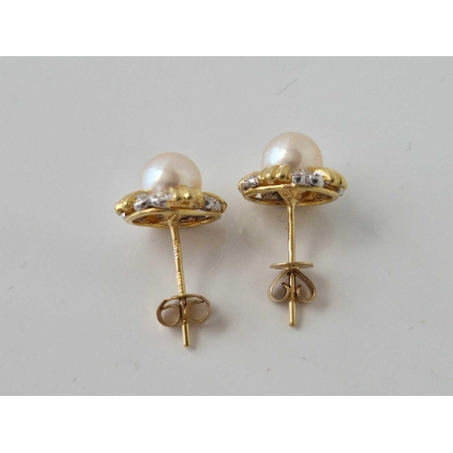 387 - A PAIR OF PEARL AND DIAMOND EARRINGS 18CT GOLD