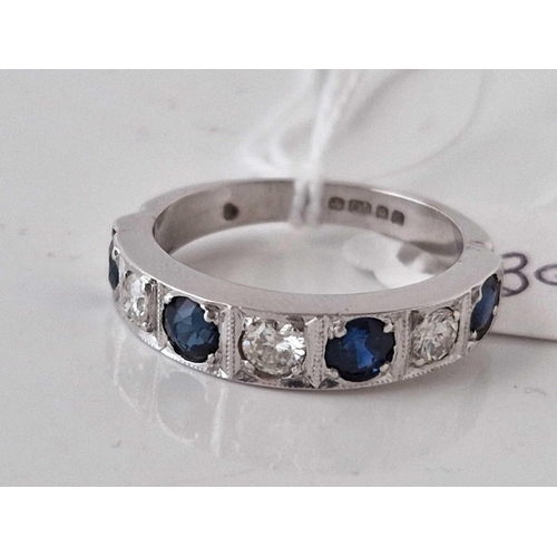 393 - A WHITE GOLD SAPPHIRE AND DIAMOND HALF HOOP RING 18CT GOLD SIZE M 5.1 GMS