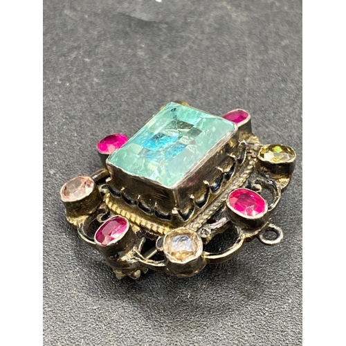 41 - A mid 19th century Austro Hungarian gem stone and foiled aquamarine brooch pendant with detailed ena... 