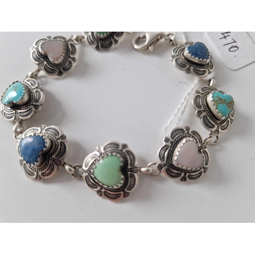 470 - A silver hard stone link bracelet 7.5 inch