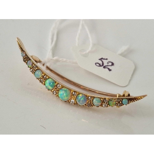 52 - A VICTORIAN OPAL AND DIAMOND CRESCENT BROOCH 15CT GOLD 3.7 GMS BOXED