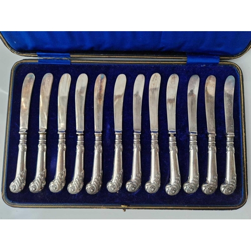 885 - A good set of twelve pistol silver handles, fitted box, Sheffield 1908