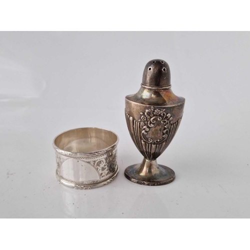 887 - A well engraved napkin ring and a half fluted pepper caster, Birmingham 1896