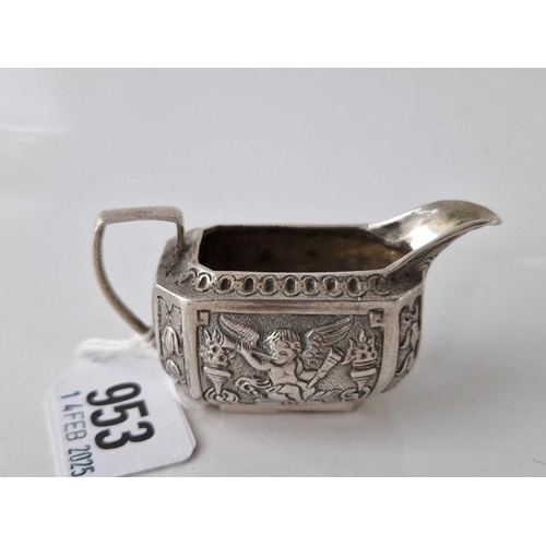 953 - Small Continental (900 standard) milk jug with chased decoration 3 inch long . 49Gms