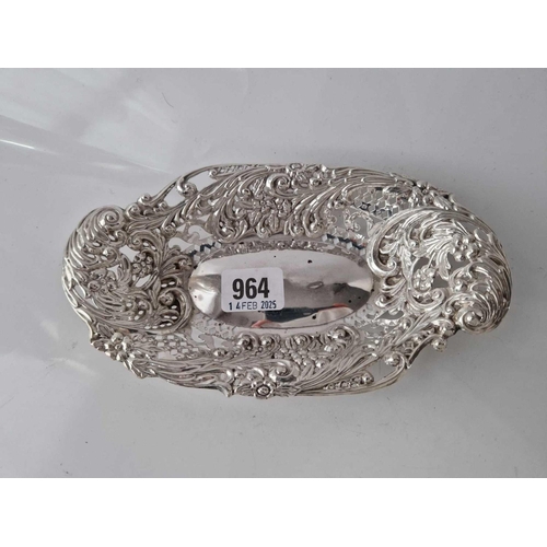 964 - Shaped oval bonbon dish , embossed and pierced with scrolls. 8 inch long . London  1902 By RP 79g