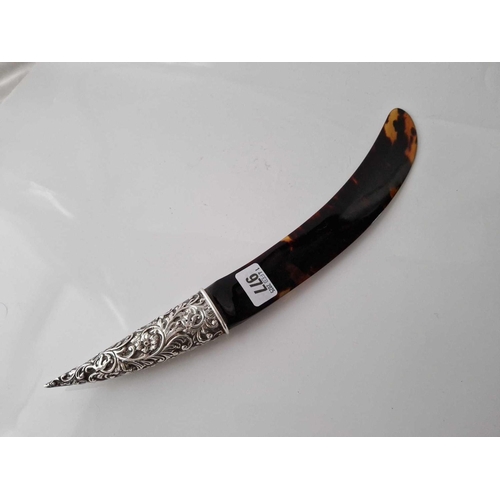 977 - Large Victorian silver handled paper knife , tortoise shell blade 1892 By J B 15.5 inch long