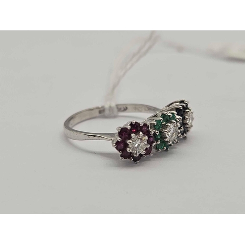 215 - A WHITE GOLD DIAMONDS RUBY'S EMERALDS AND SAPPHIRES TRIPLE CLUSTER RING 18CT GOLD SIZE O 3.7 GMS