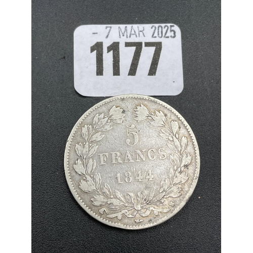 1177 - French Louis Philippe 5 francs 1844, domard type, 3rd retouch relief, silver