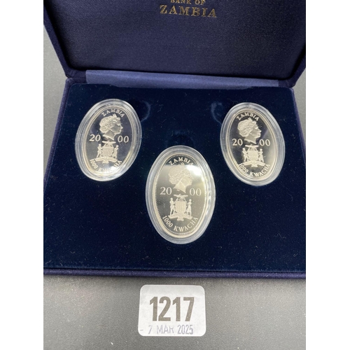 1217 - Zambia 3 coin proof set, total 60g