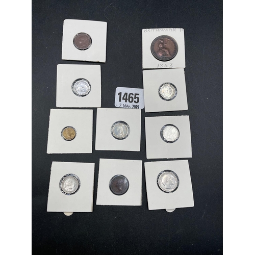 1465 - Sixpence 1906 + other coins in packets