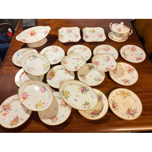 1636 - A NANTGAROW PORCELAIN DESSERT SERVICE WITH PAINTED FLOWERS AND GILT BOARDERS OF A SAUCE TUREEN COVER... 