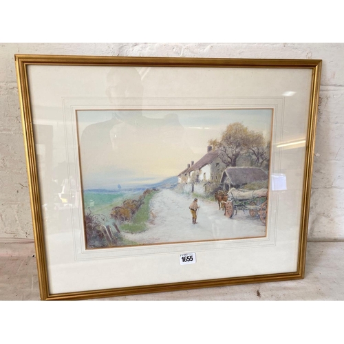 1655 - A JOHN WHITE RI the timber wagon with figure in cottages 9.5 X 14 inches signed