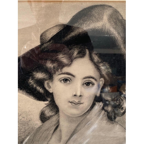 1656 - A Victorian school a pastel of lady with hat 13.5 X 12.5 inches