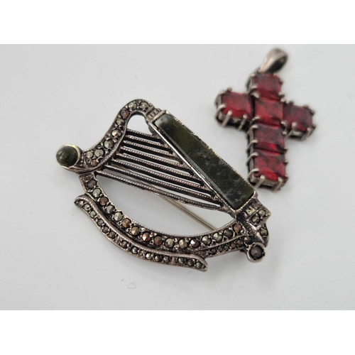 178 - A white metal red stone cross and Irish silver harp brooch Dublin