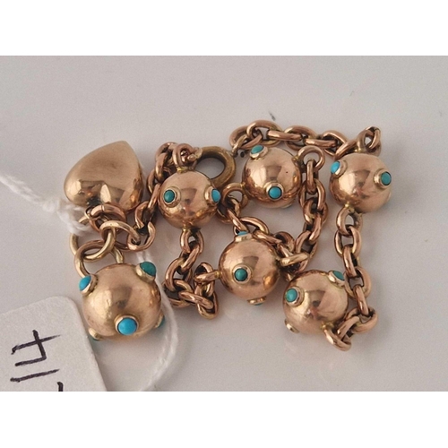 214 - A ROSE GOLD BRACELET SET WITH TURQUOISE 8 INCH 9.9 GMS