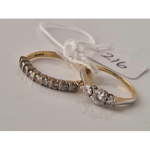 216 - TWO DIAMOND RINGS ONE ETERNITY SIZE Q ONE THREE STONE SIZE J 18CT GOLD 4.3 GMS INC.