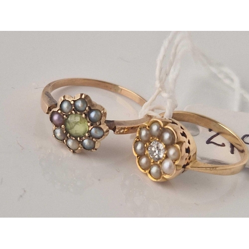 219 - Two pearl cluster rings 18ct gold and 9ct size G and M 3.4 gms inc.