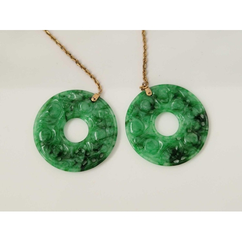 249 - A PAIR OF ANTIQUE CIRCULAR JADE DROP EARRINGS WITH GOLD MOUNTS