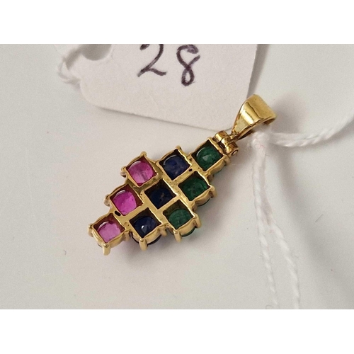 28 - A emerald sapphire and ruby pendant 14 ct gold 2.1 gms