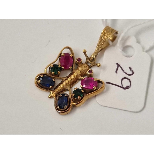 29 - A emerald  sapphire and ruby butterfly pendant 14ct gold 3.1 gms