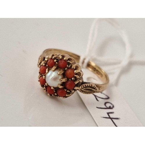 294 - A pearl and coral cluster ring 9ct size O 2.7 gms