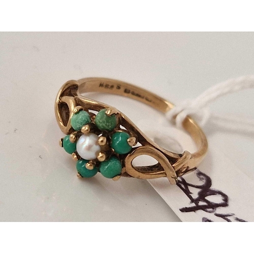 295 - A pearl and turquoise cluster ring 9ct size L