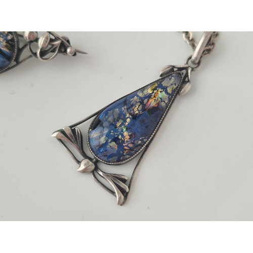 351 - A art nouveau silver and harlequin foil pendant necklace 17 inch and brooch by Thomas L Mott