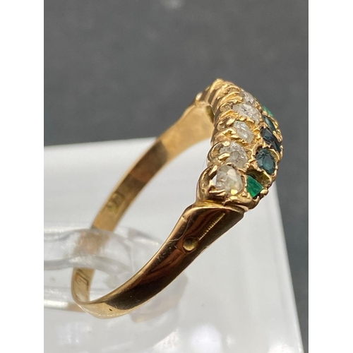 369 - A Victorian emerald and diamond two row ring 15ct gold size R