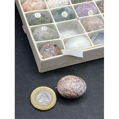 370 - A vintage collectors box containing gem stone egg shapes 25 in original box with numbered index