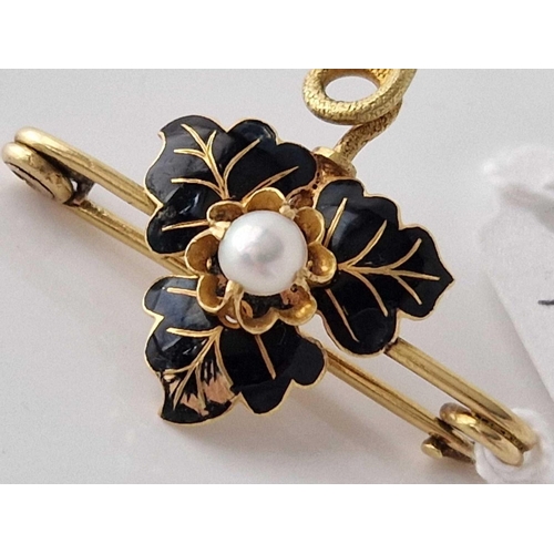 440 - A VICTORIAN BLACK ENAMEL AND PEARL LEAF BROOCH 15CT GOLD 4.5 GMS