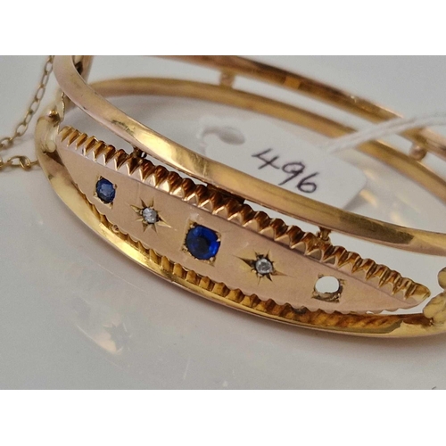 496 - A SAPPHIRE AND DIAMOND BANGLE ONE STONE MISSING 9CT 8.8 GMS