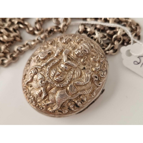 512 - A Indian silver embossed locket on silver chain 28 inch 28 inch 81 gms