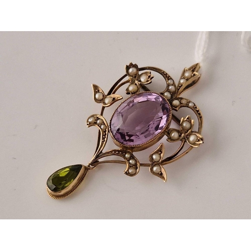 57 - A EDWARDIAN AMETHYST PERIDOT AND PEARL SUFFRAGETTE PENDANT 9CT BOXED