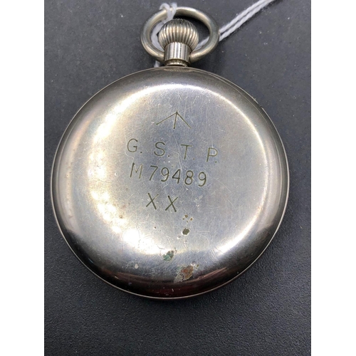 666 - A gents military metal pocket watch with black dial by MOERIS No M79489