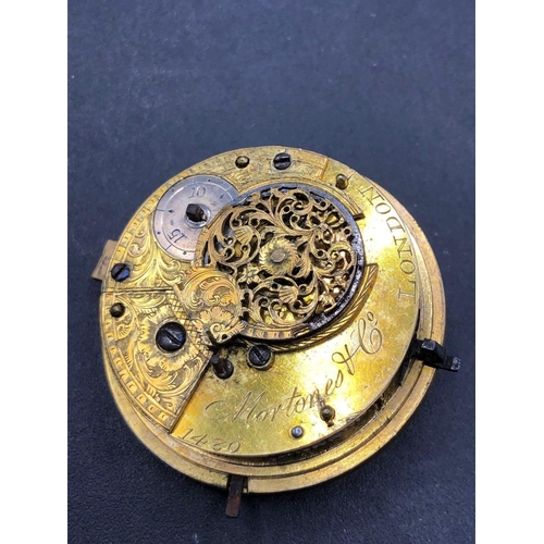 706 - A large VERGE pocket watch movement signed MORTONES and Co