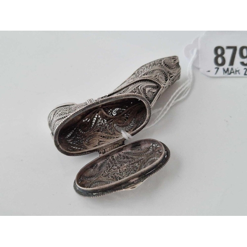 879 - An unusual antique silver filigree shoe with hinged cover, 2.5