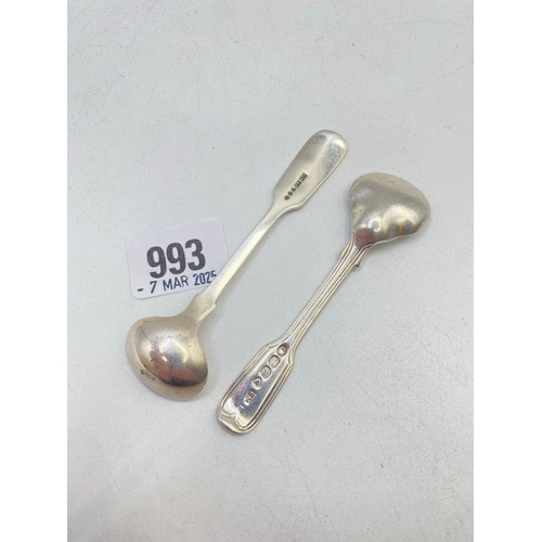 993 - A Georgian salt spoon fiddle thread pattern, London 1828 by W&S and another Victorian