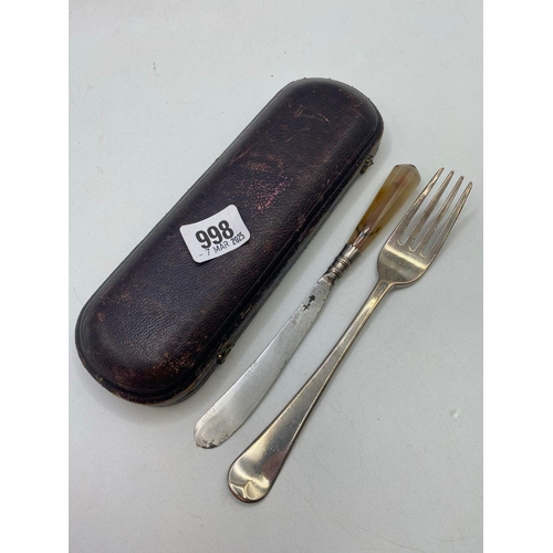 998 - A George III fork, London 1801 and an agate handle knife in fitted case.