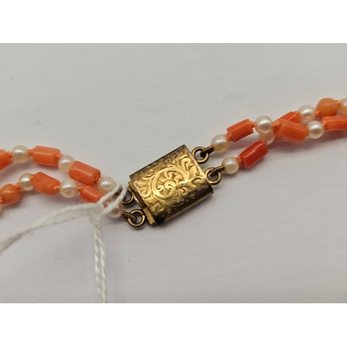 1 - A coral and pearl necklace with gold clasp 14 inch
