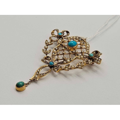 26 - A antique pendant brooch with turquoise and pearls 9ct 5.4 gms