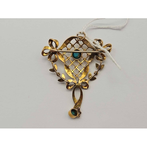 26 - A antique pendant brooch with turquoise and pearls 9ct 5.4 gms