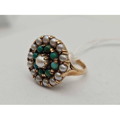 3 - A pearl and turquoise cluster ring 9ct size M 4.6 gms