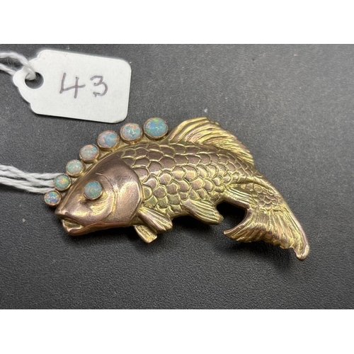 43 - Antique gold large carp brooch set with opals, 53 x 28mm