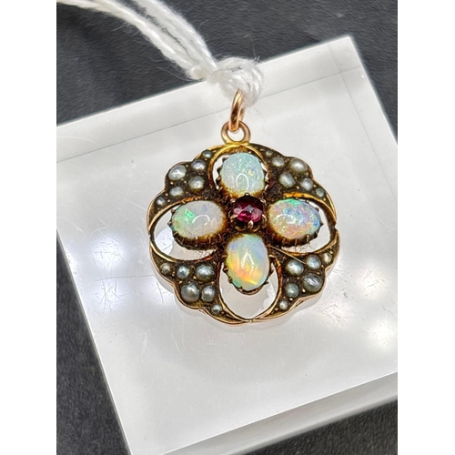46 - Antique Edwardian gold pendant set with pearls, opals and a central garnet, marked 9ct