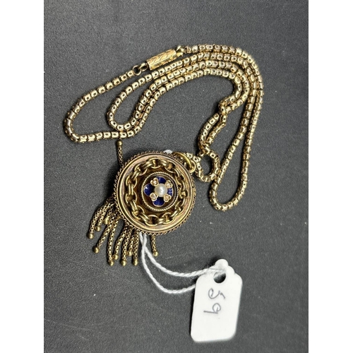 59 - A VICTORIAN ENAMEL DIAMOND AND PEARL TASSEL PENDANT WITH LOCKET BACK ON SNAKE LINK CHAIN 18 INCH ALL... 