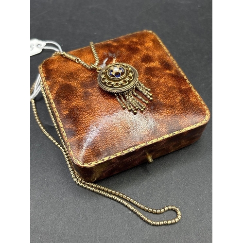 59 - A VICTORIAN ENAMEL DIAMOND AND PEARL TASSEL PENDANT WITH LOCKET BACK ON SNAKE LINK CHAIN 18 INCH ALL... 