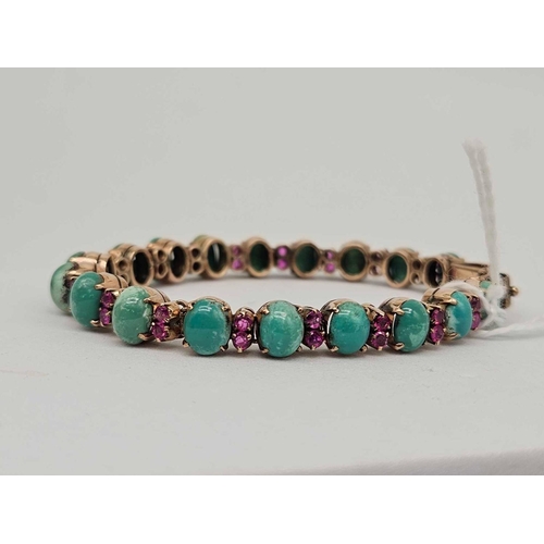 15 - A TURQUOISE AND RUBY BRACELET 9CT 21.G